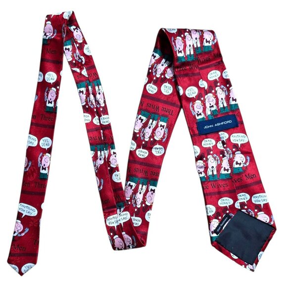 VTG John Ashford Silk Christmas Neck Tie Three Wives Men Cartoon Holiday Party - Picture 7 of 7